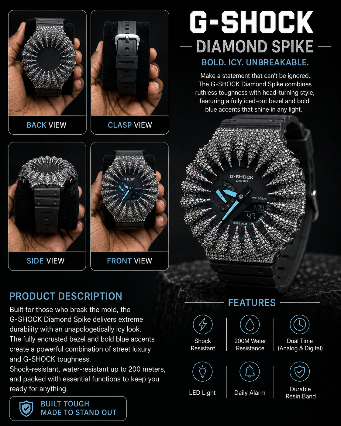 G-SHOCK Iced-Out Black — Blue Accent (gra certified )