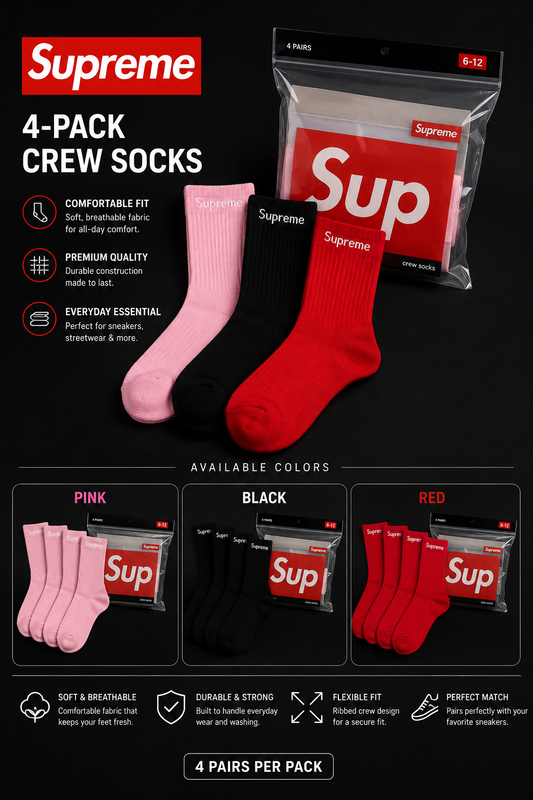 Supreme 4-Pack Socks — Pink, Black & Red
